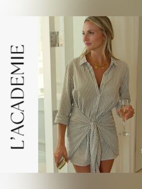 Revolve L’ Academie Cloudline Tie Front Indigo Stripe Shirt Dress